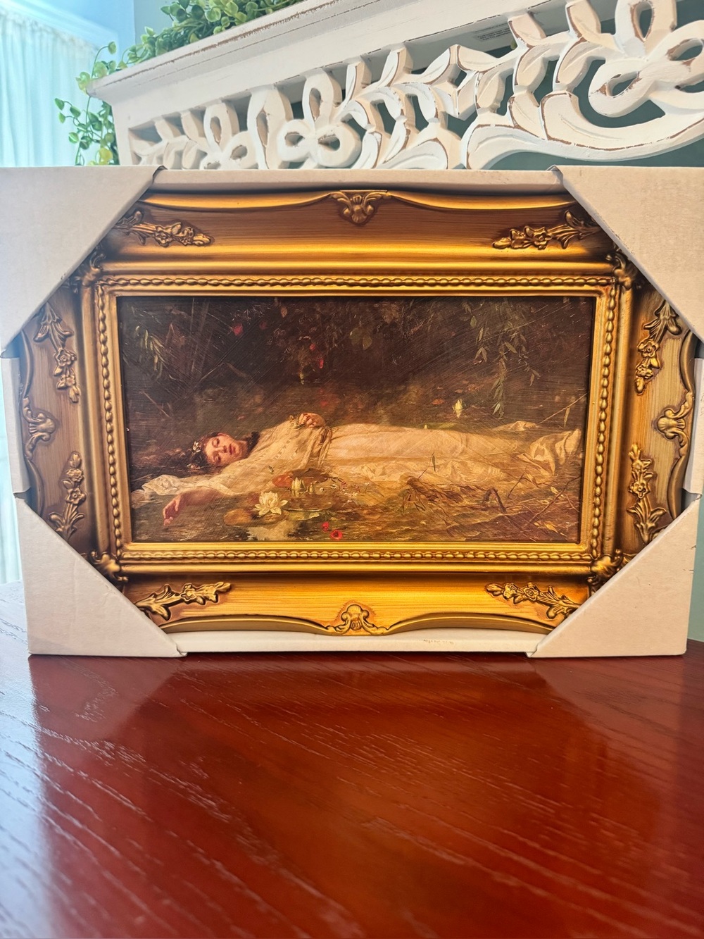 Framed Oil-Style Reclining Lady Artwork in Ornate Gold Frame